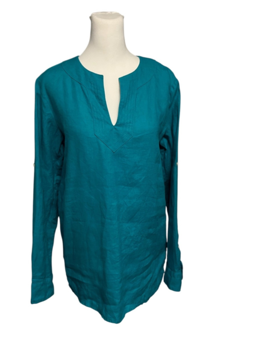 Ralph Lauren Turquoise Teal 100% Linen Roll Sleeve Vneck Tunic Top Size Small